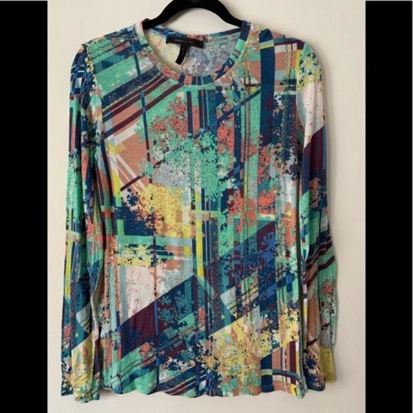 BCBG teal base color multi-pattern thin blouse, long sleeves, Great shape, Large - Picture 5 of 7